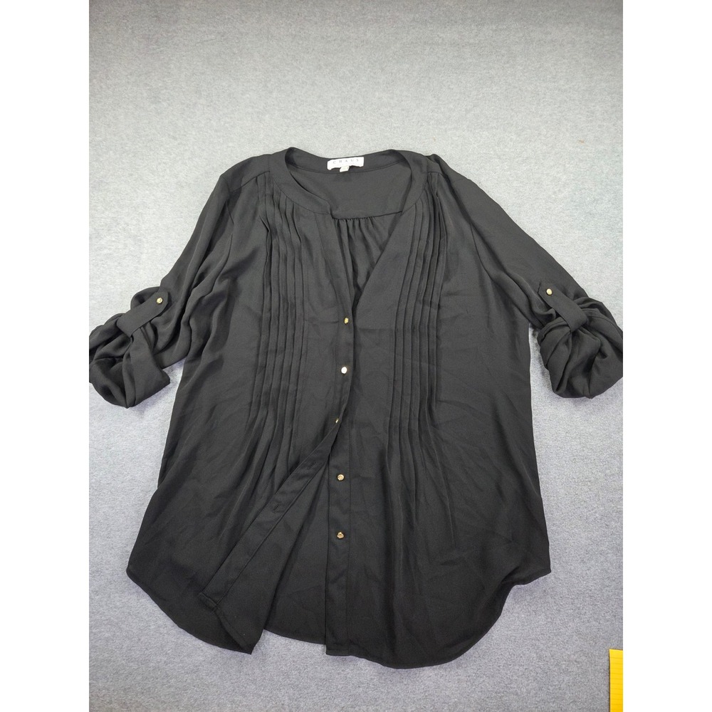 Chaus Womens Pleated Roll Tab Sleeve Button Down Blouse Size M Black Career